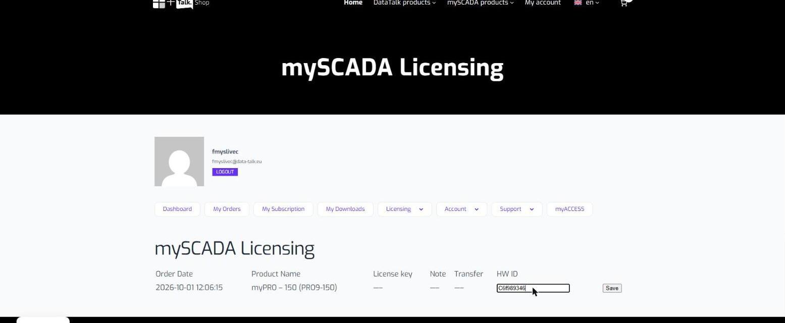 HW-ID entered in the licensing table