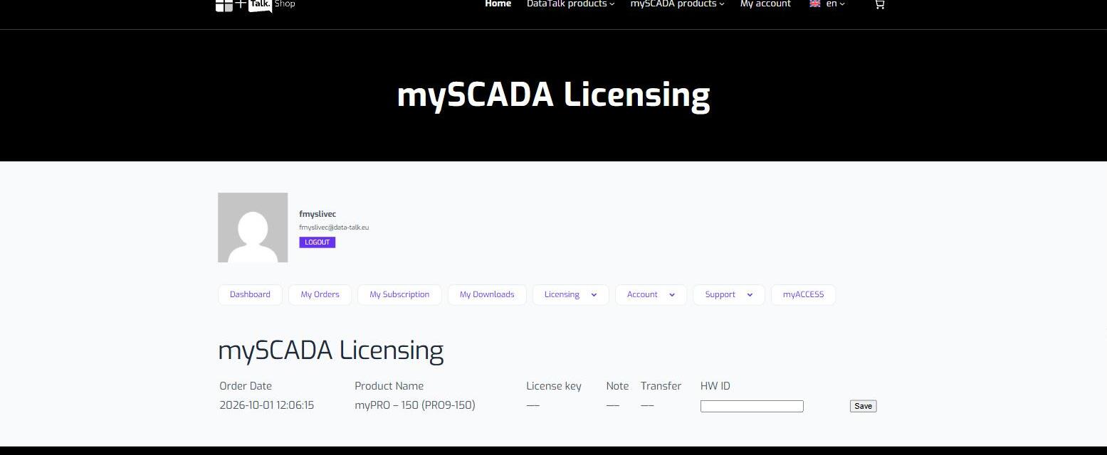 mySCADA Licensing page in the DataTalk customer portal